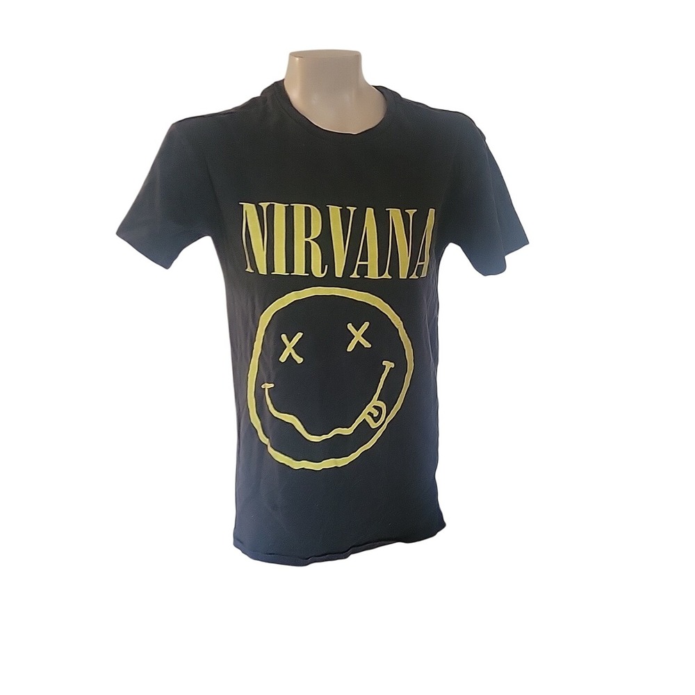 NIRVANA Logo T-shirt Smiley Face Black S Rock Grunge Music Retro 90's California
